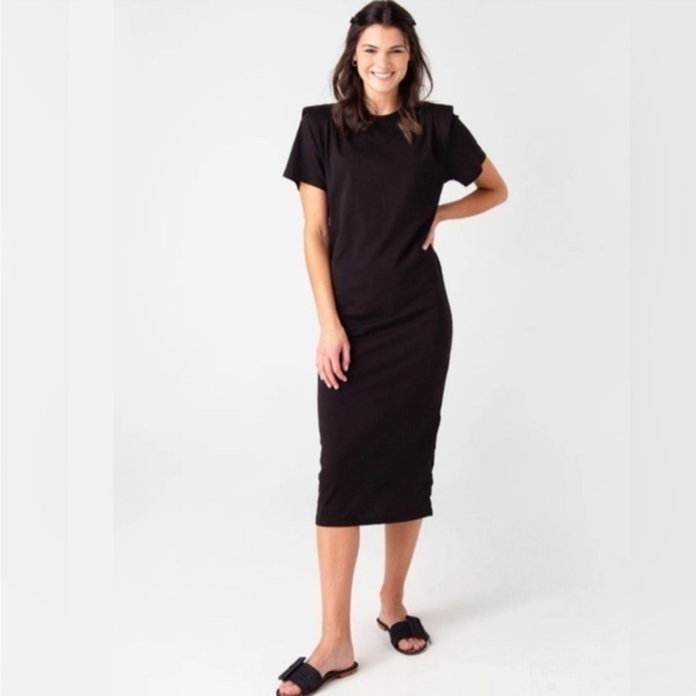 Frame Dress Short Sleeve Padded Shoulder Midi ShirtDress in Black